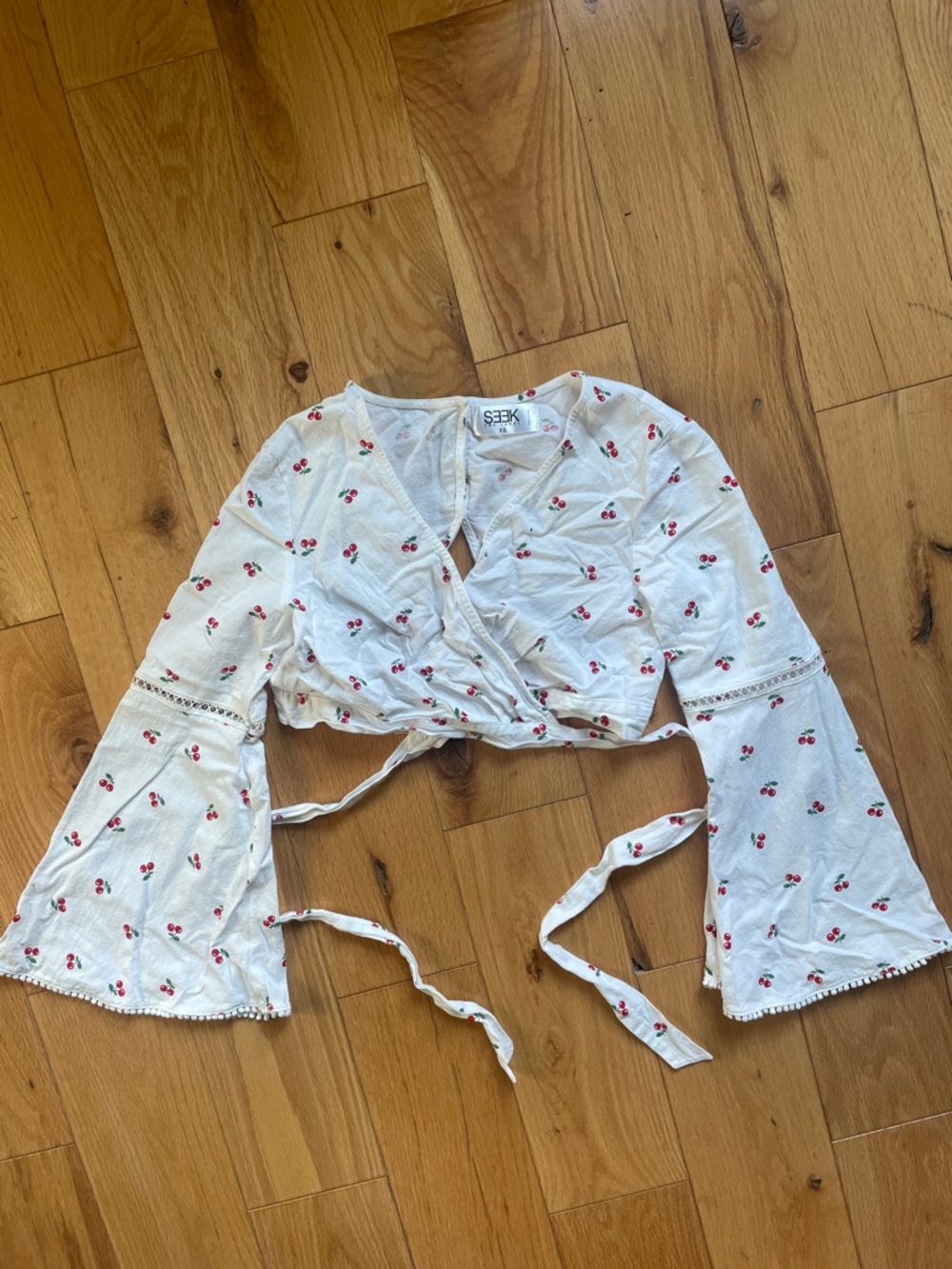 SEEK Cherry Print Wrap Crop Top in White